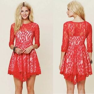 Free People Floral Mesh Mini Lace Red Dress